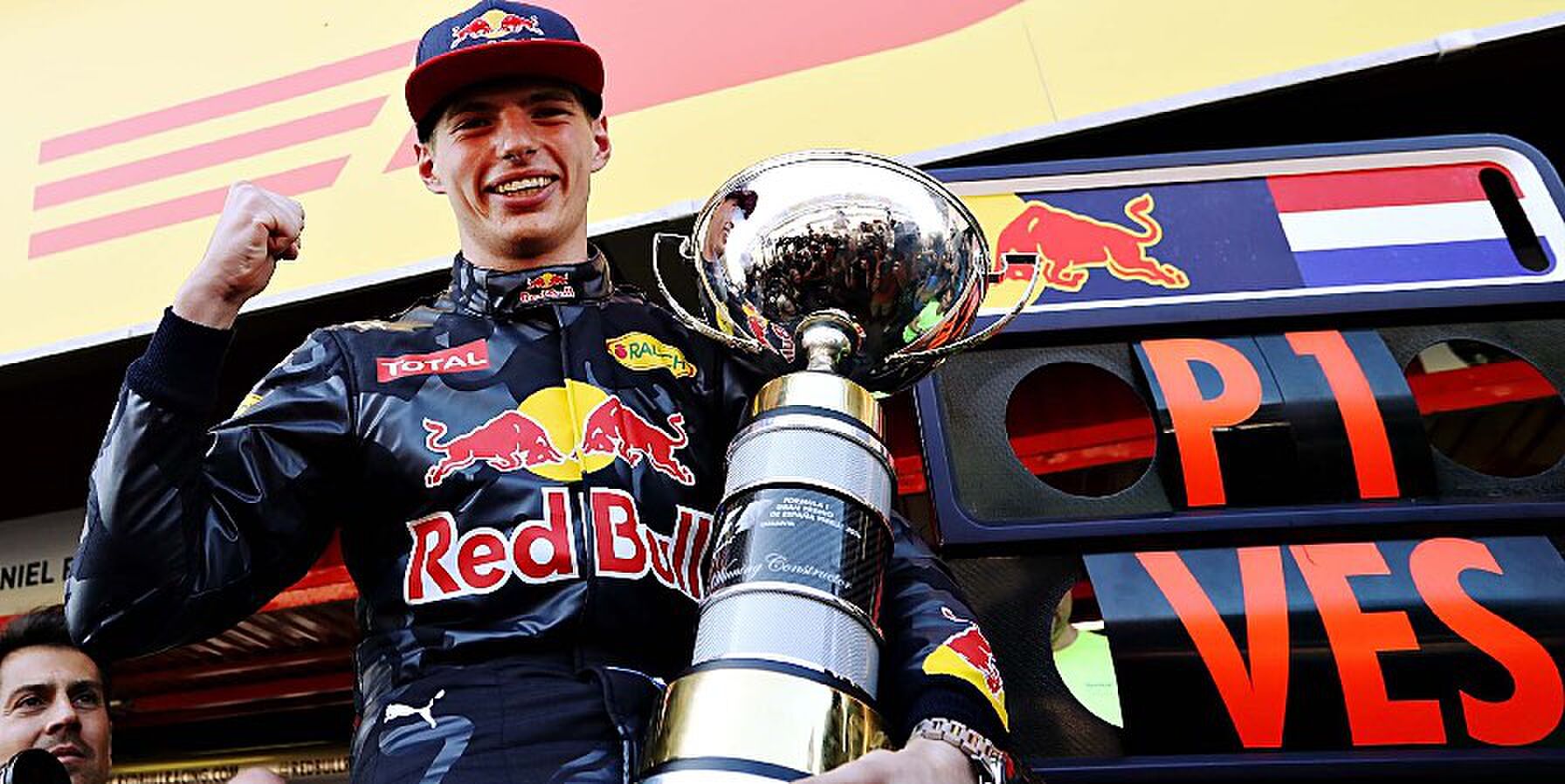 MONTMELO, SPAIN - MAY 15: Max Verstappen of Netherlands and Red Bull Racing celebrates his win with his trophy during the Spanish Formula One Grand Prix at Circuit de Catalunya on May 15, 2016 in Montmelo, Spain. (Photo by Mark Thompson/Getty Images)