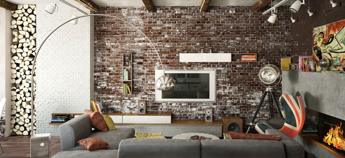 woonkamer met bakstenen muur