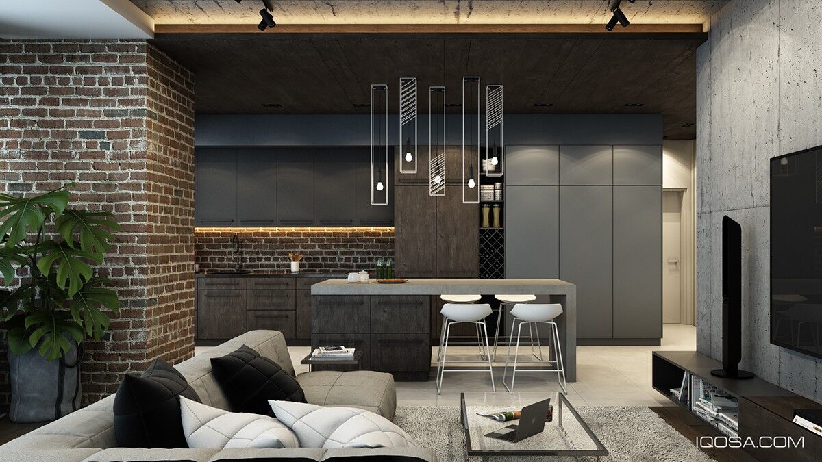 woonkamer met bakstenen muur