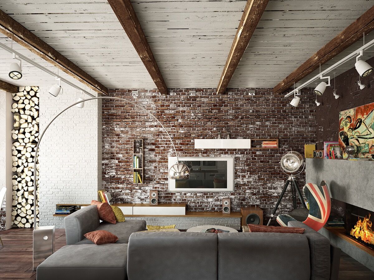 woonkamer met bakstenen muur
