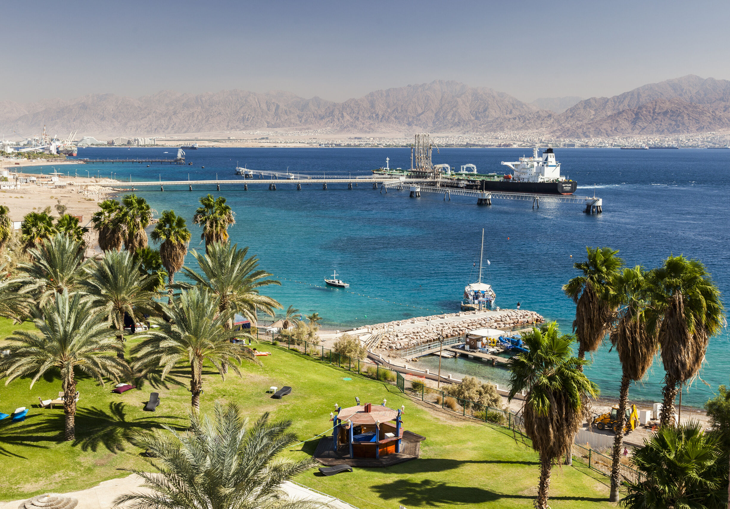 Eilat. Israel - October 30, 2014: View from Eilat south district towards Aqaba in Jordan