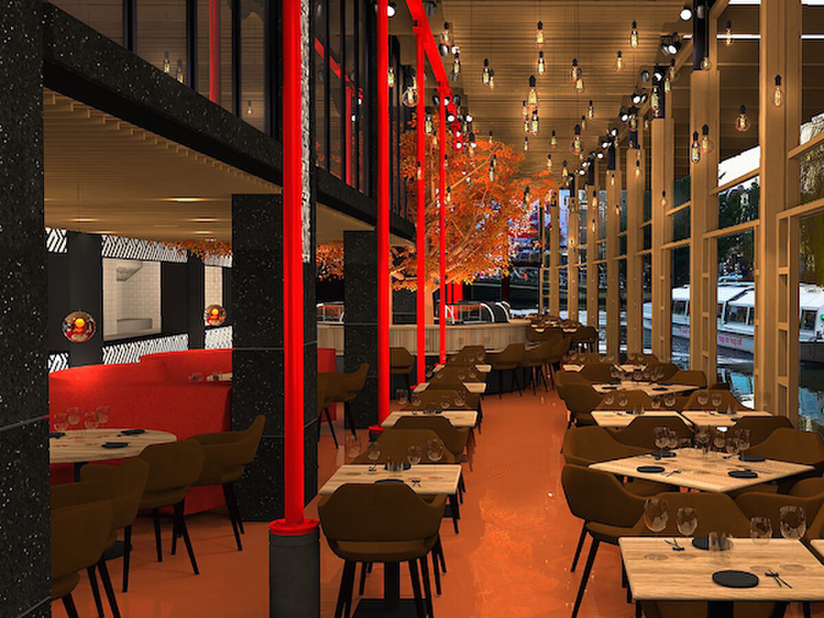 RENDER VAN HET INTERIEUR VAN SUSHISAMBA IN AMSTERDAM. ONTWORPEN DOOR ARCHITECT HANS RUIJSSENAARS EN UITGEVOERD DOOR WOODFEVER.