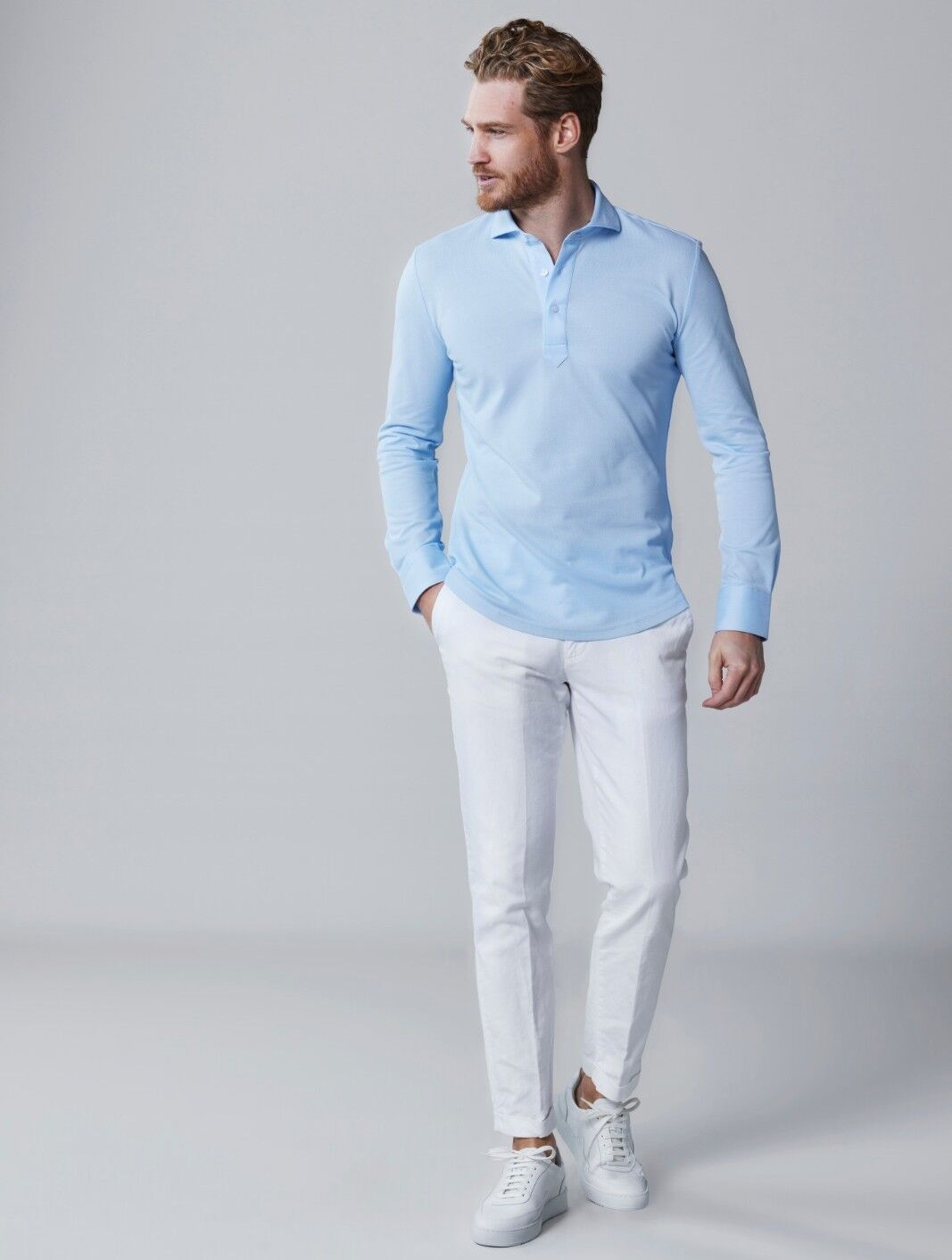 Lichtblauwe polo met lange mouwen