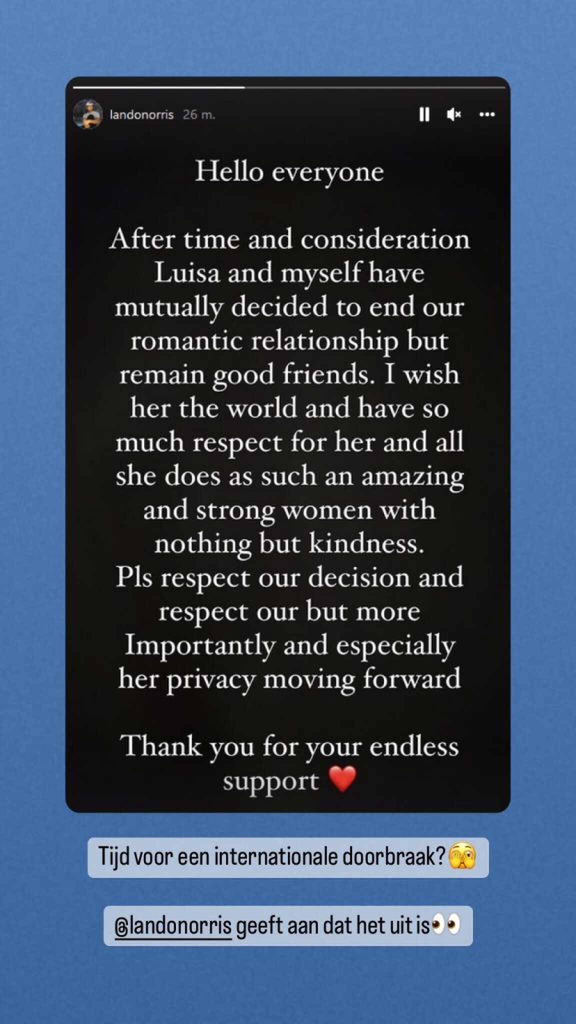 lando en vriendin uit elkaar