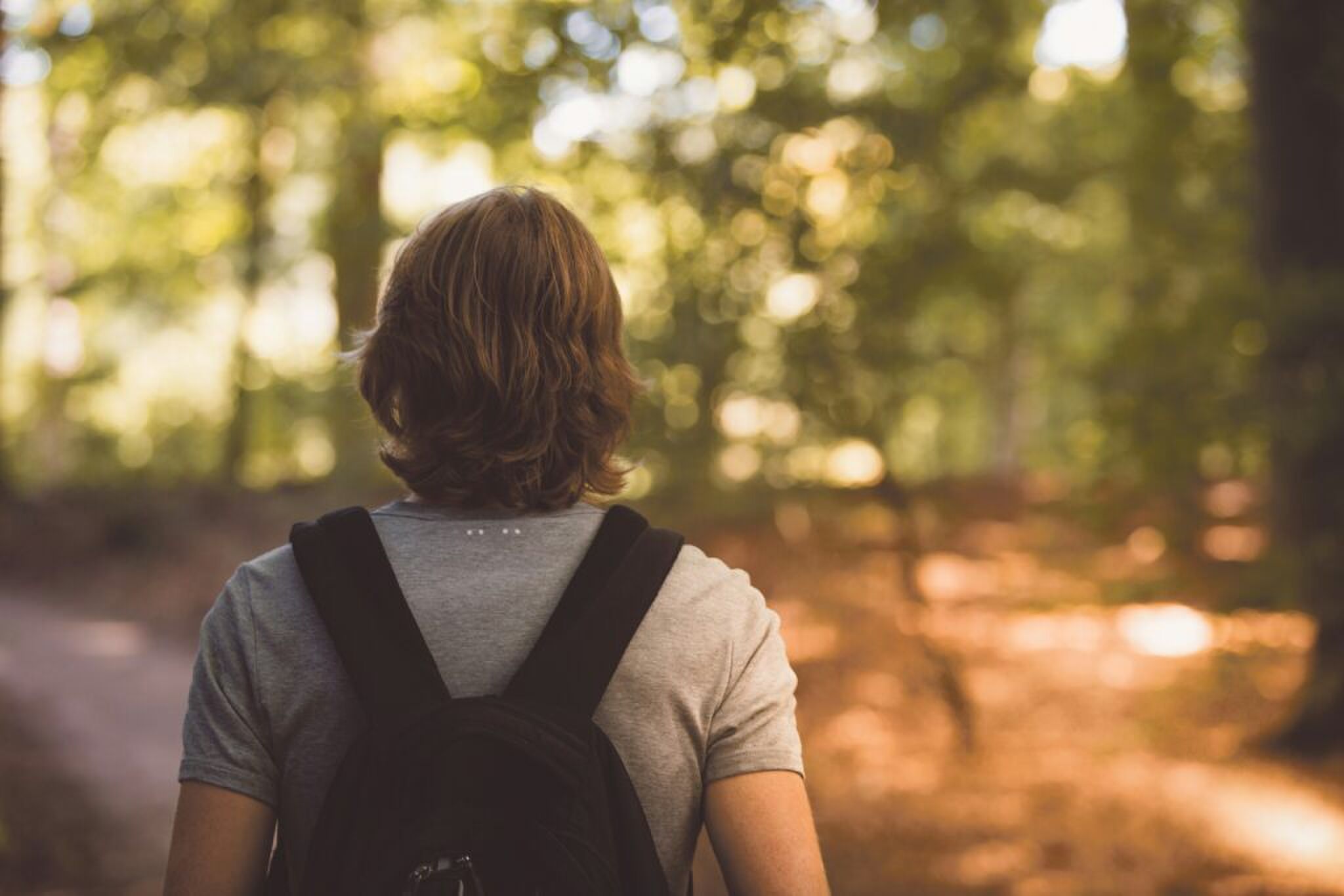 Een man die aan het wandelen is in het bos