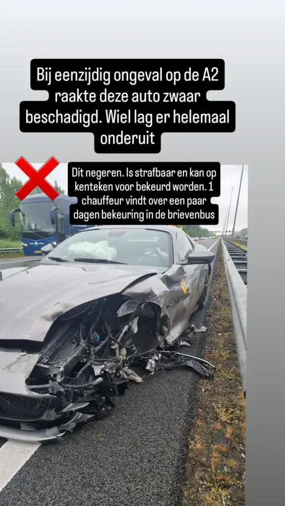 Gecrashte Ferrari 812 GTS op de A2, waarbij de schade zichtbaar is
