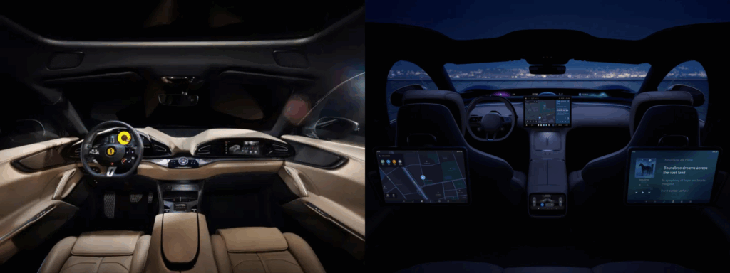 Interieur Xiaomi YU7 en Ferrari Purosangue naast elkaar