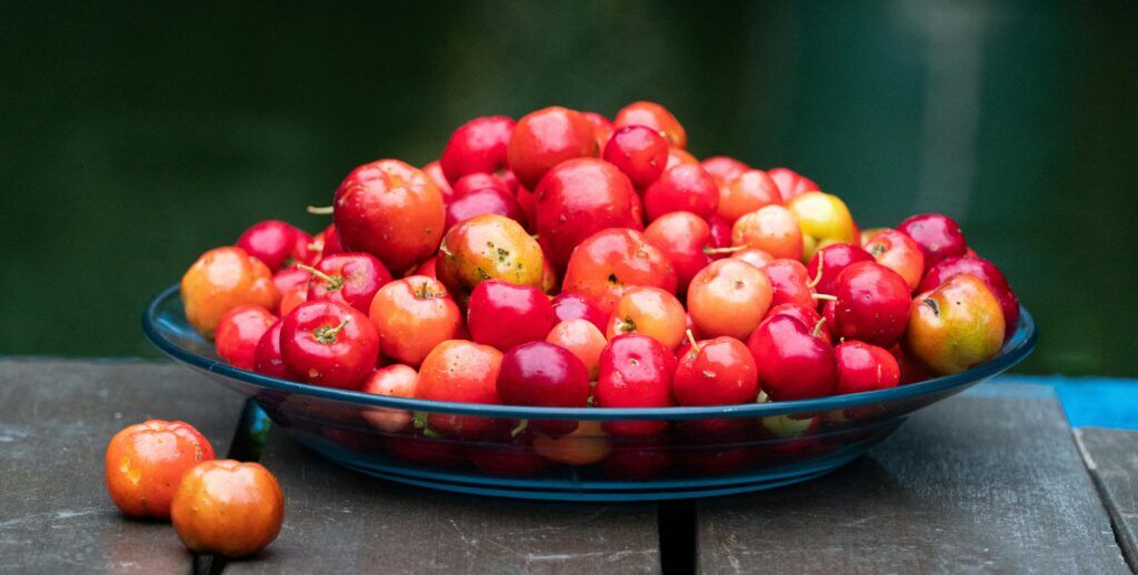 een hele hoop acerola's op een schaal, met veel vitamine c
