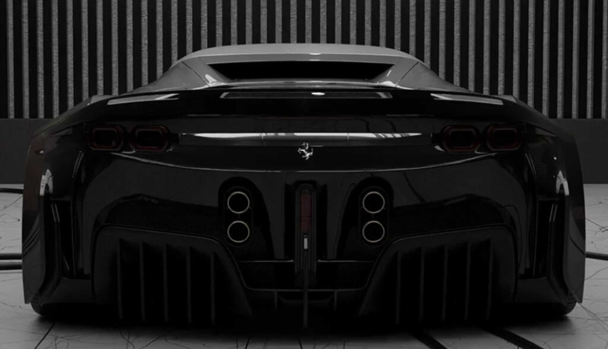 De achterzijde van de aangepaste Ferrari.