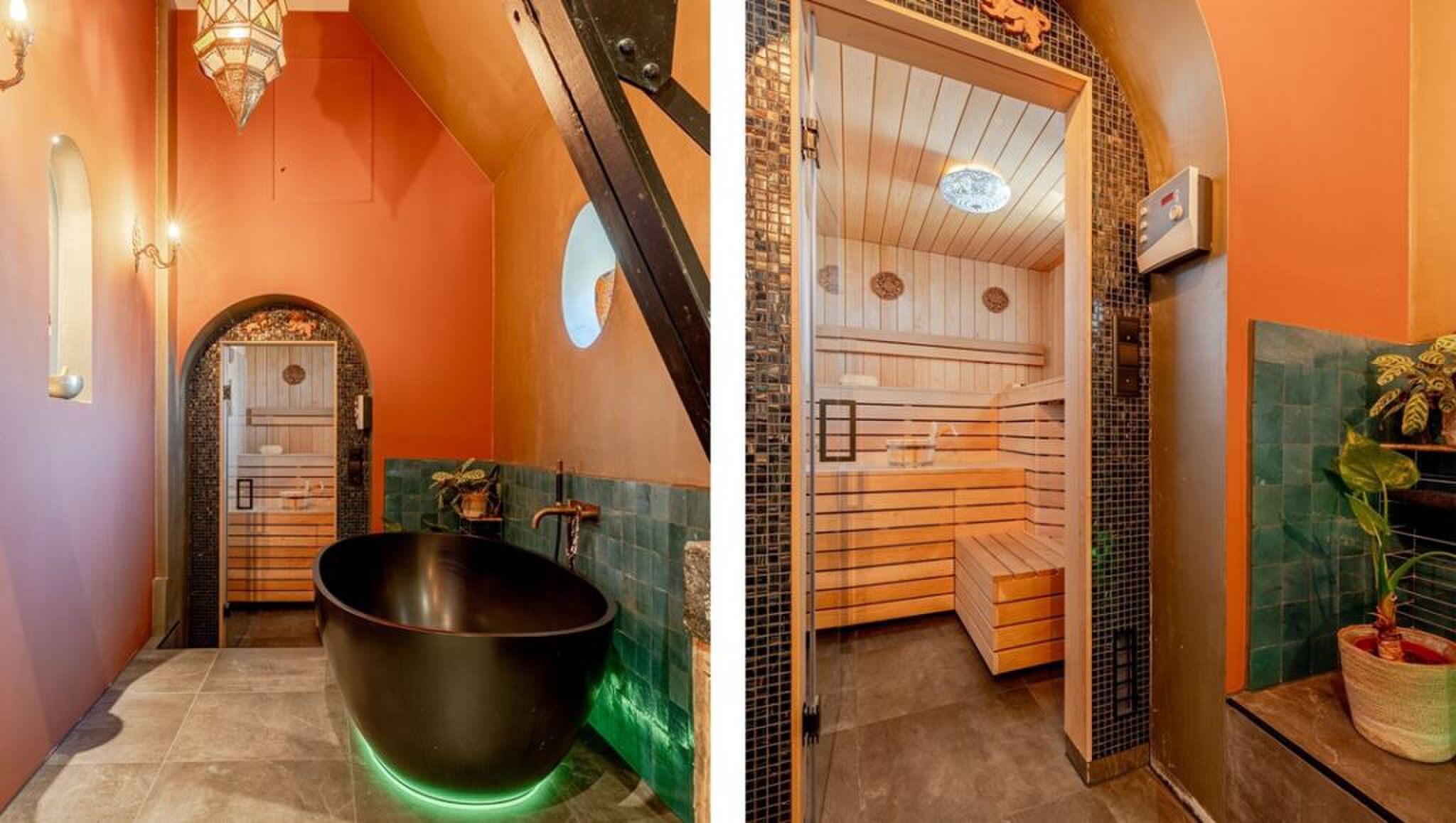 De badkamer en saunaruimte.