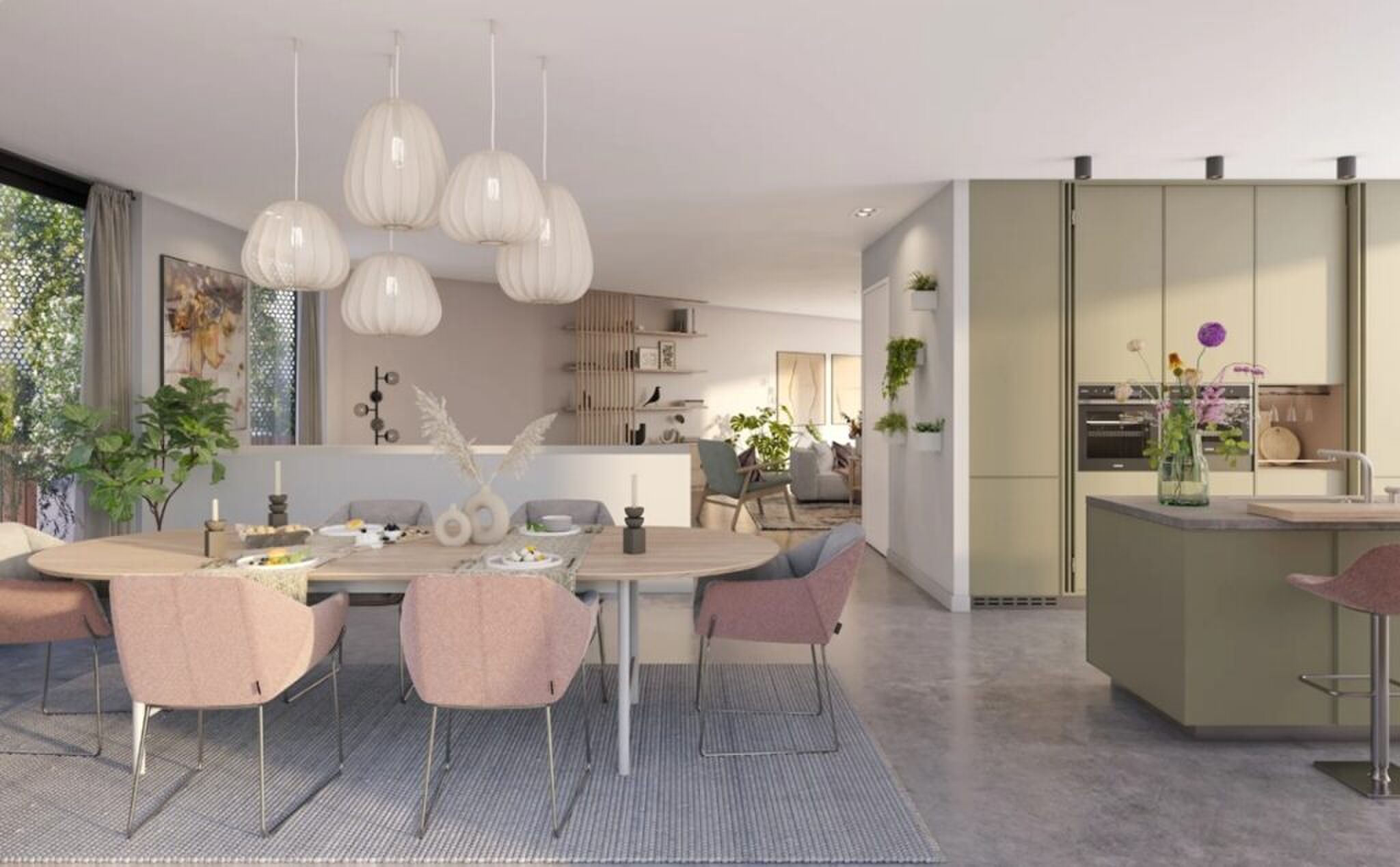 De eetkamer en keuken.