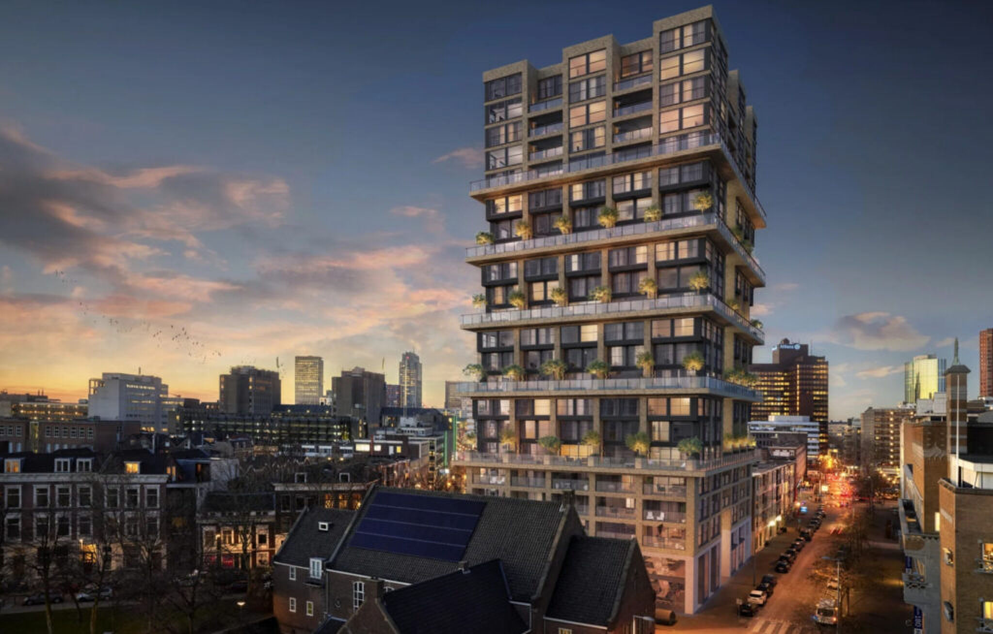 De buitenkant van het duplex penthouse van Noa Lang in hartje Rotterdam, dat de voetballer nu te koop aanbiedt via Funda