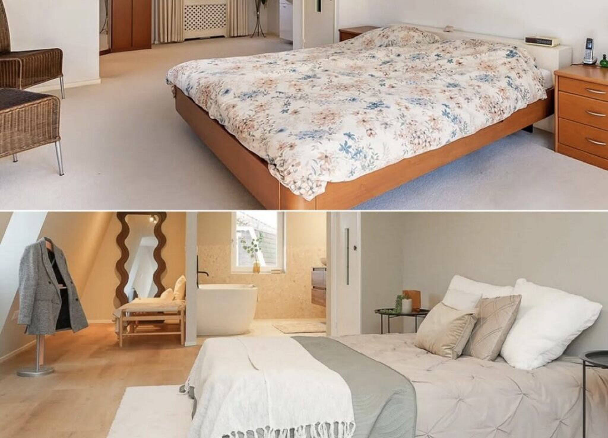 De slaapkamer van het Funda-huis die een renovatie onderging.