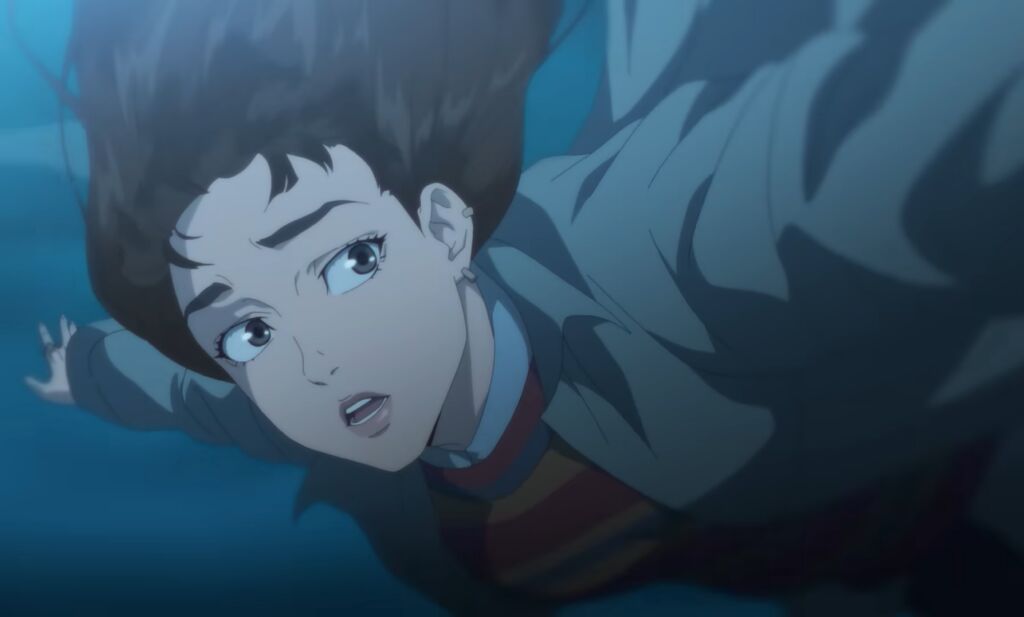 Een geanimeerd meisje vliegt door de lucht 