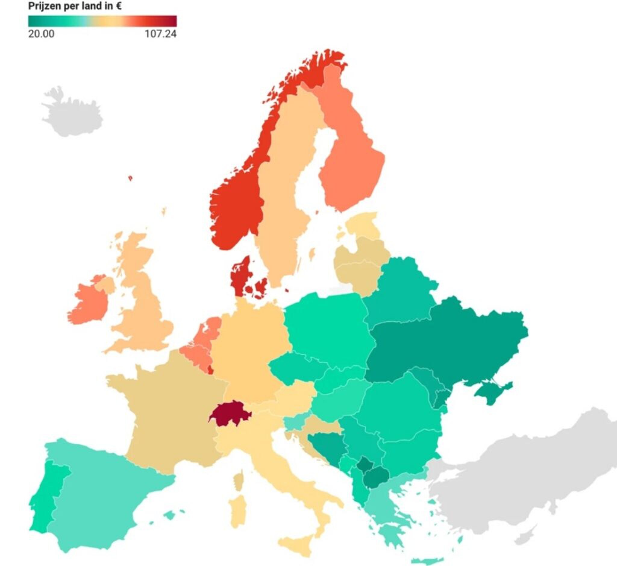Een kaart van Europa met de gemiddelde restaurantprijzen.