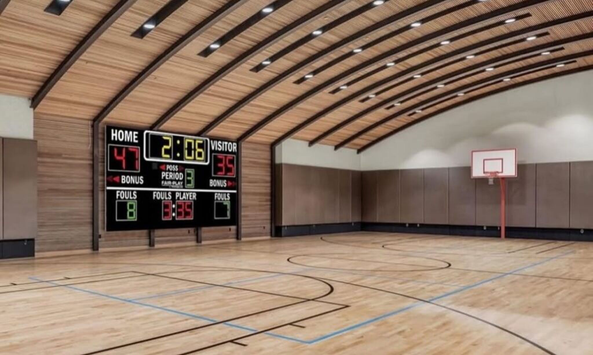 Het overdekte basketbalveld.