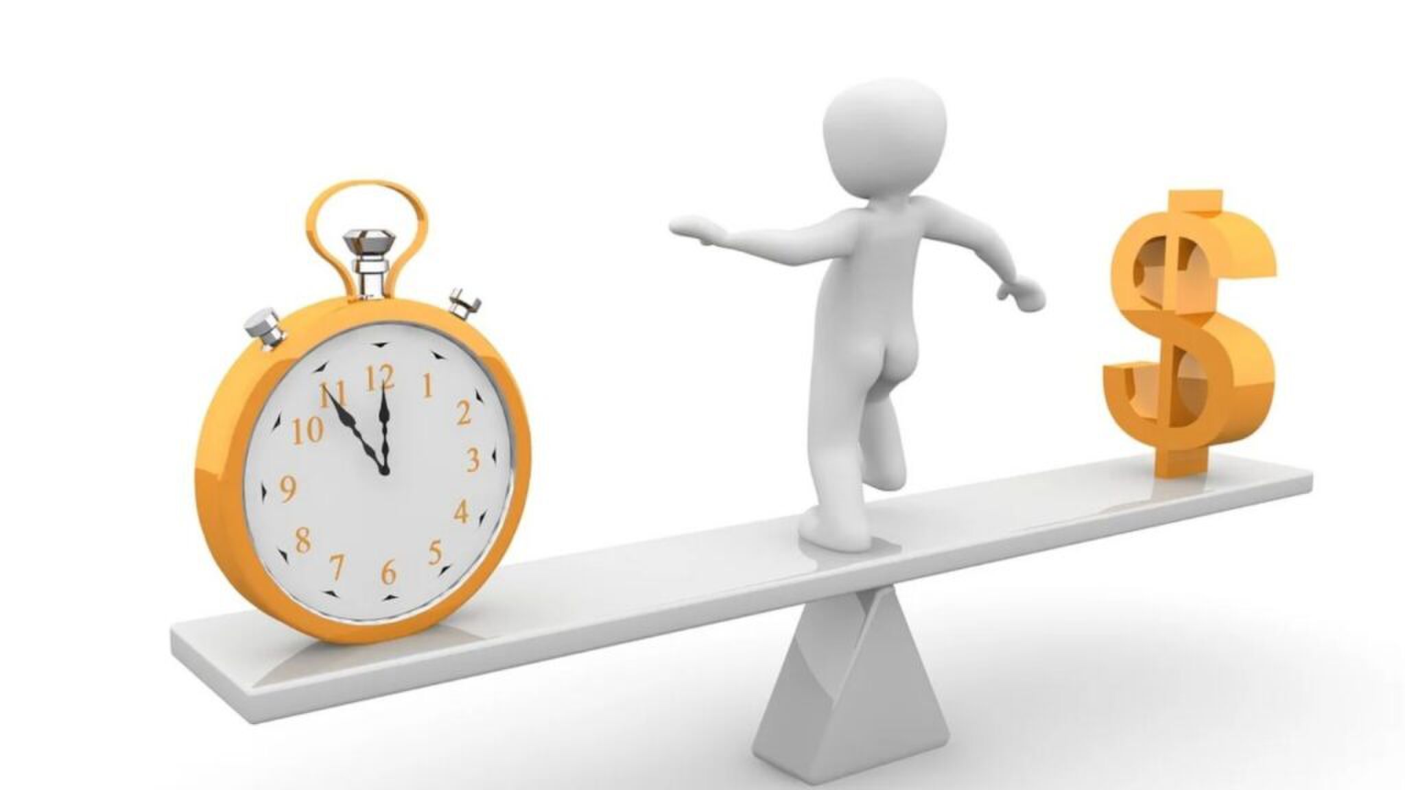 iemand balamceert op de weegschaal. aan de linkerkant hangt een klok, en aan de rechterkant staat een geldteken.