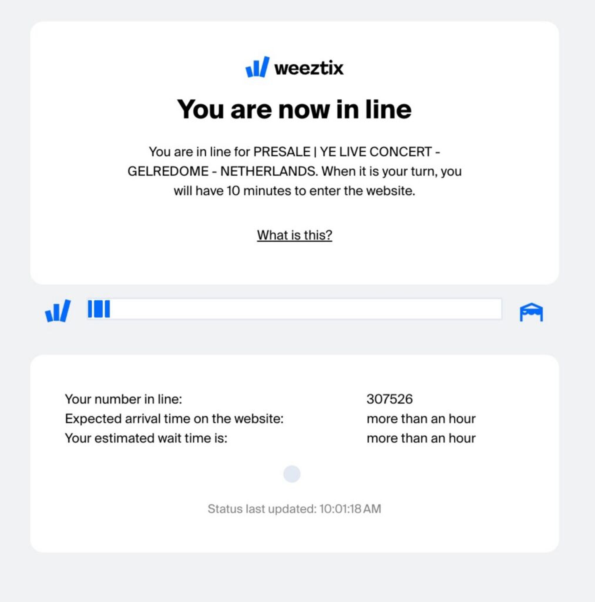 Screenshot online wachtrij Kanye West tickets