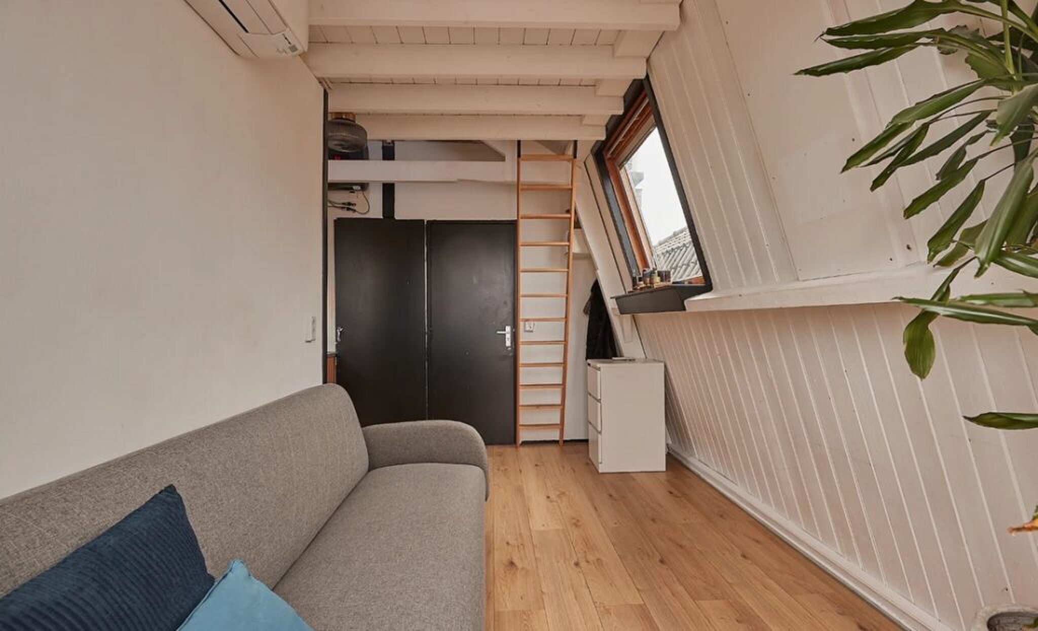 De woonkamer en de ladder naast de deur.