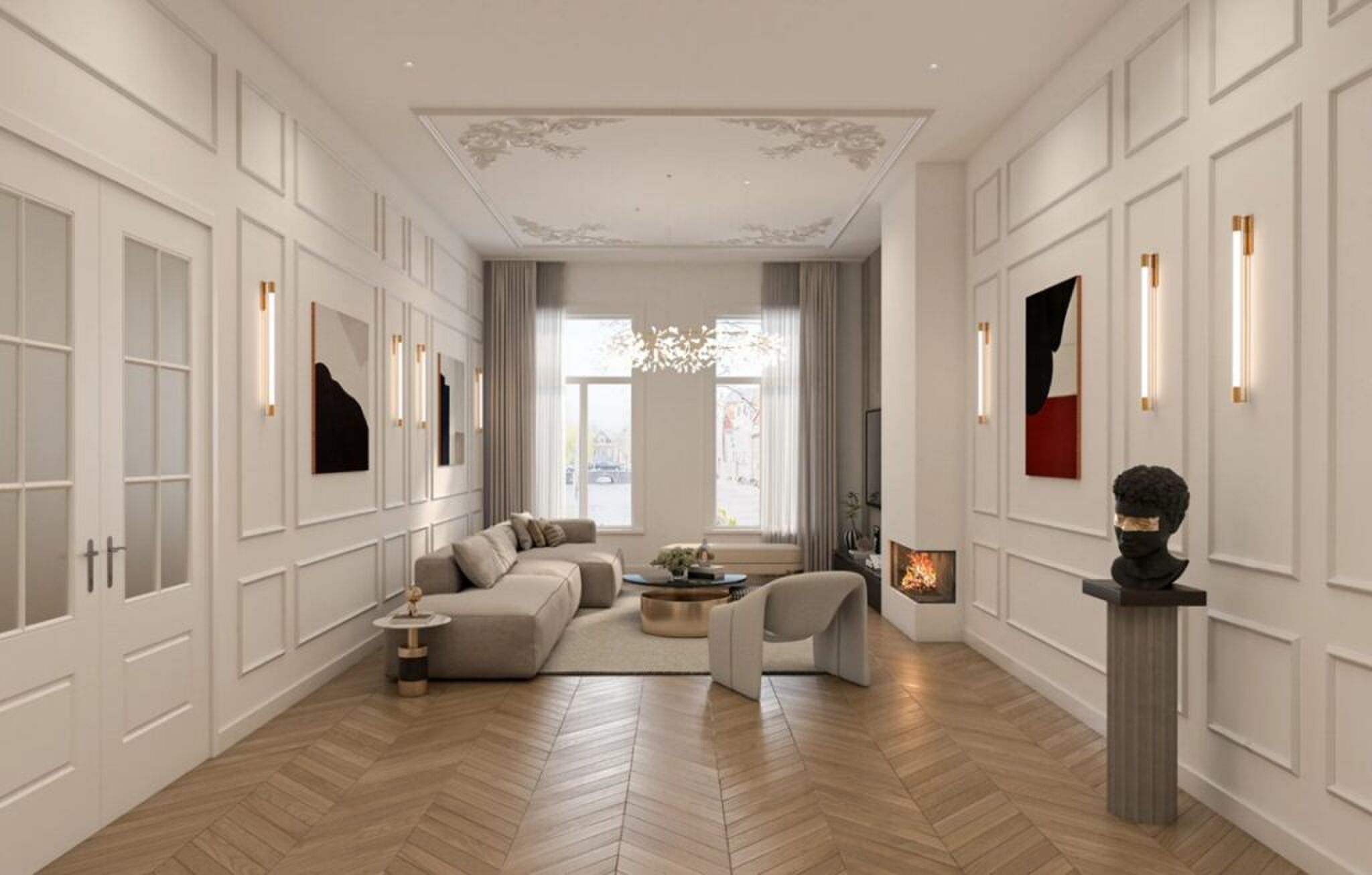 De living van het pand die een paar moderne aanpassingen kreeg.