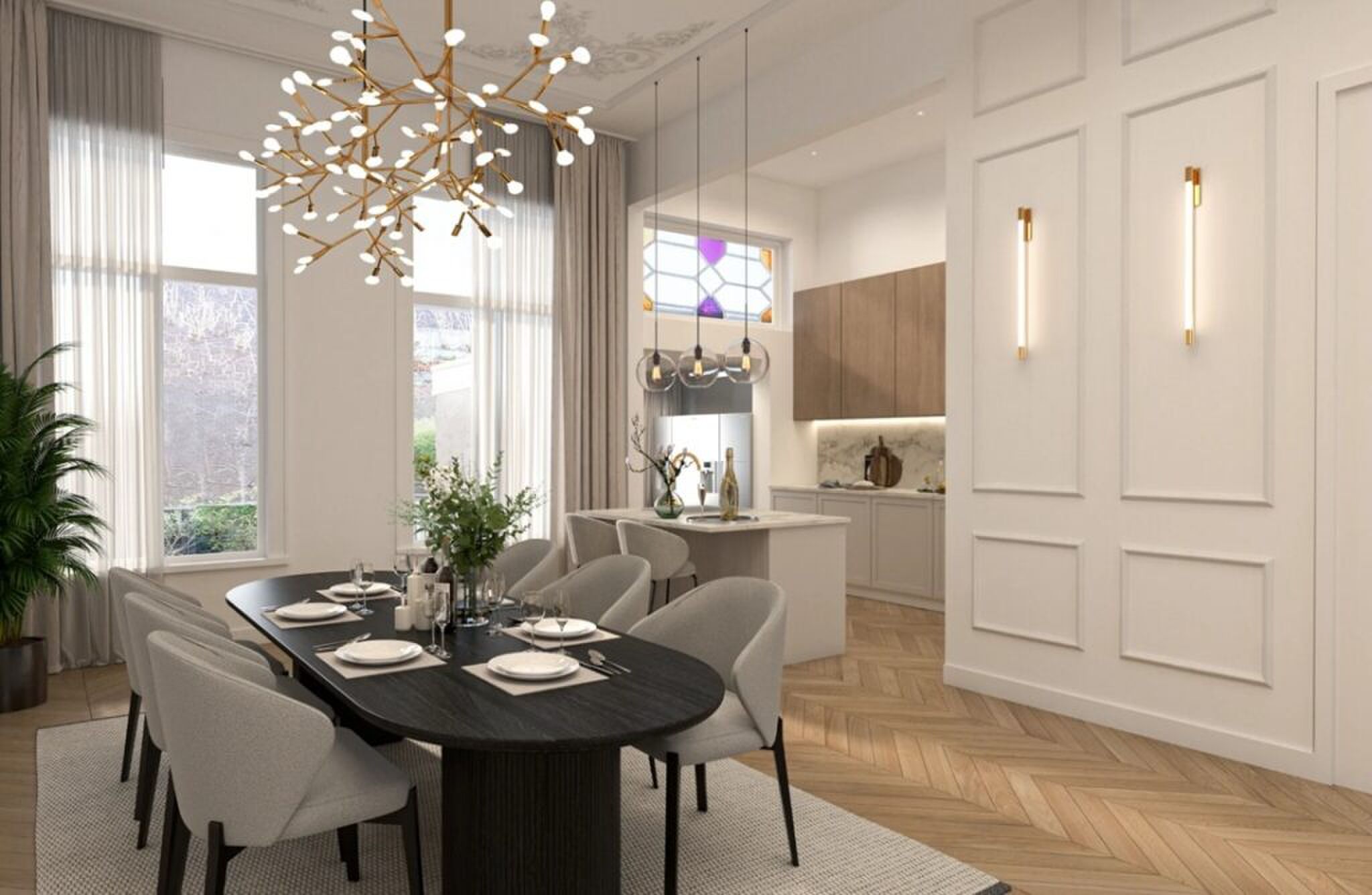 De eetkamer en keuken.