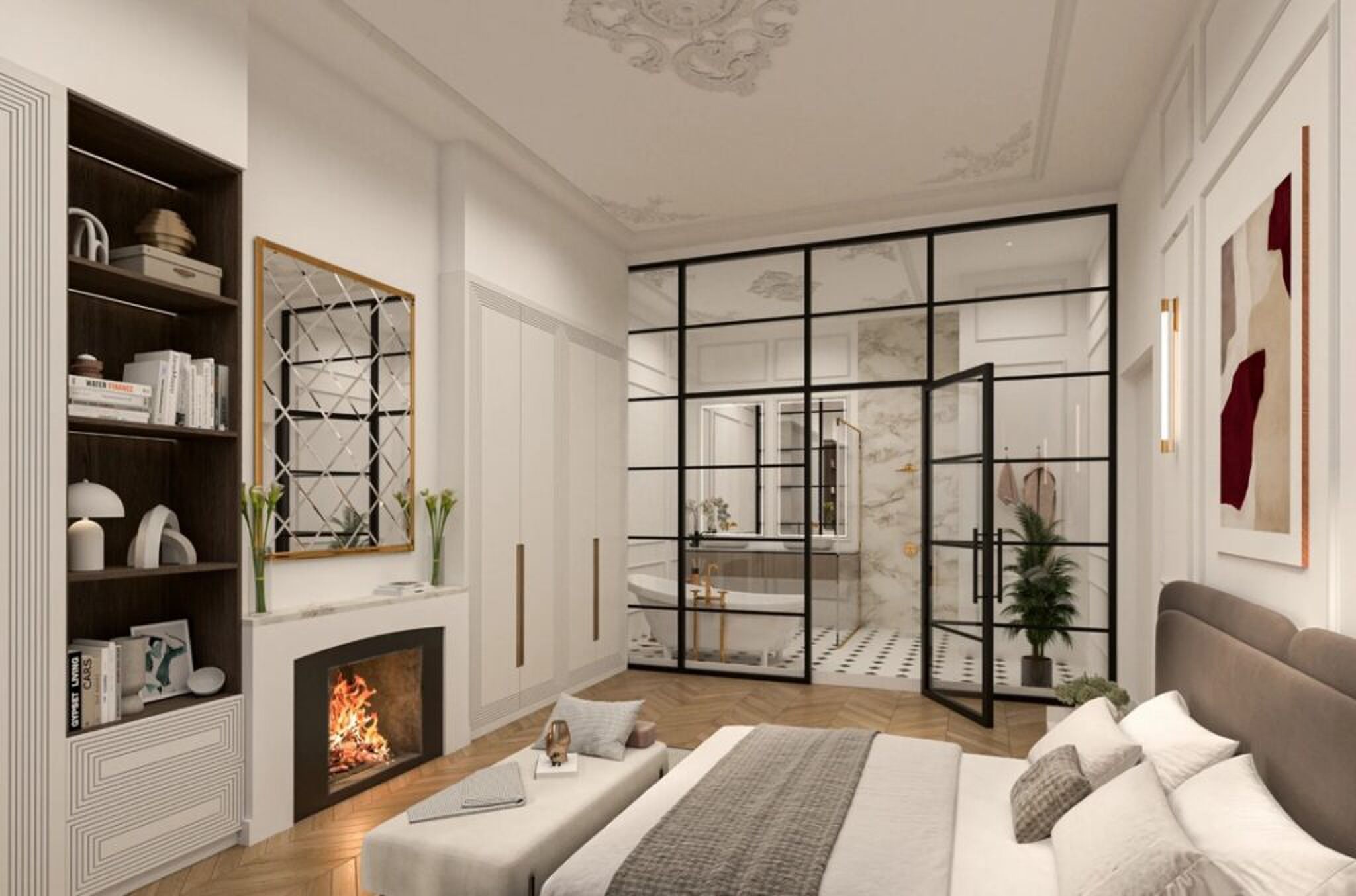 De slaapkamer met open haard.