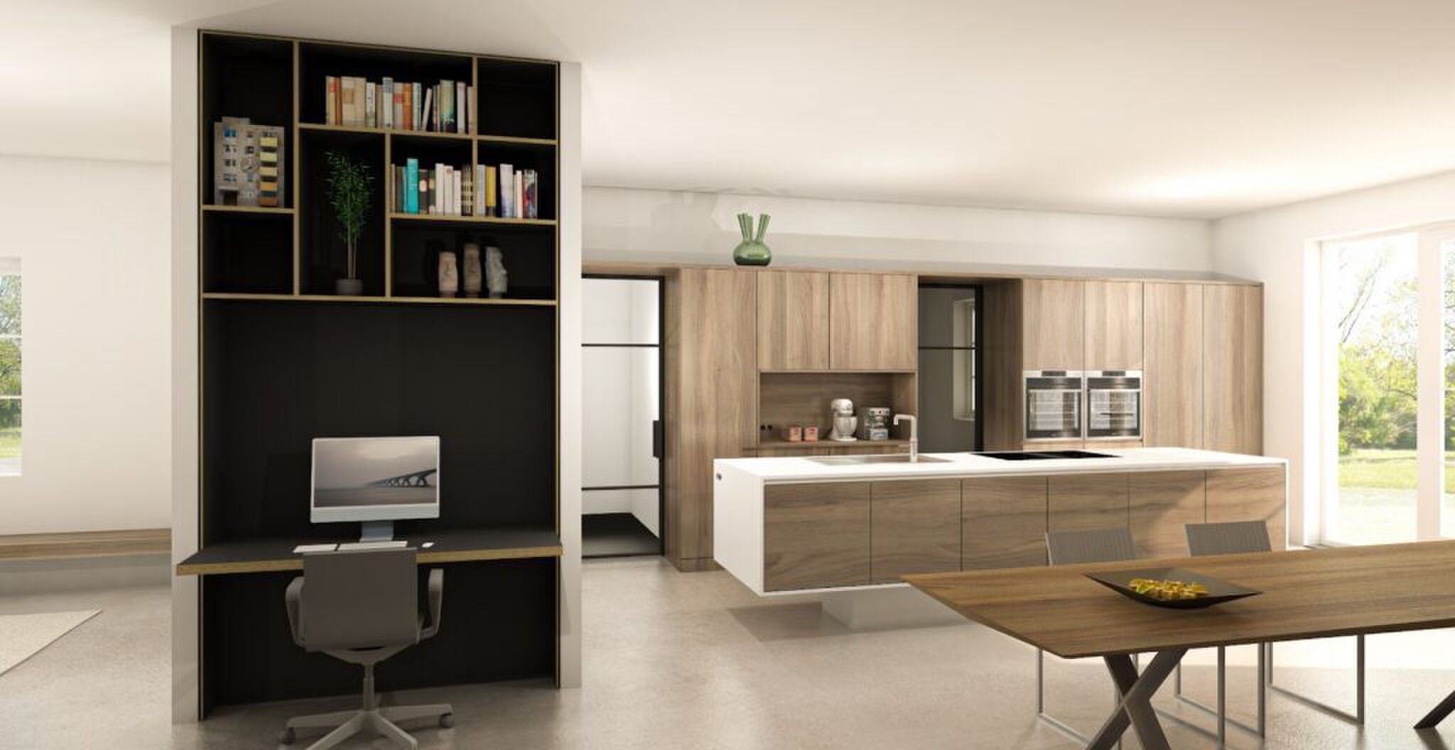 De keuken en eetruimte.