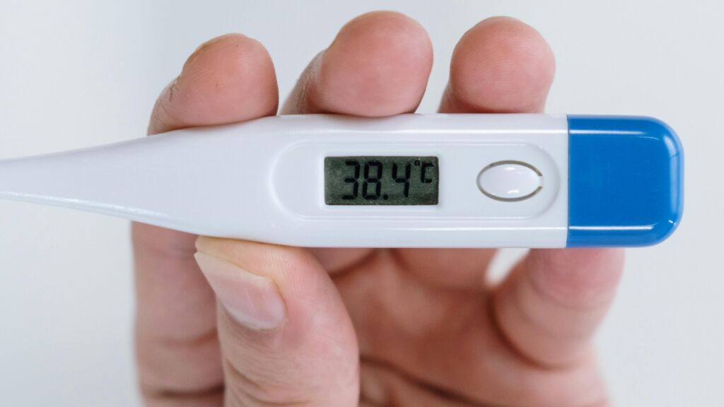 Een hand die een thermometer vasthoudt.