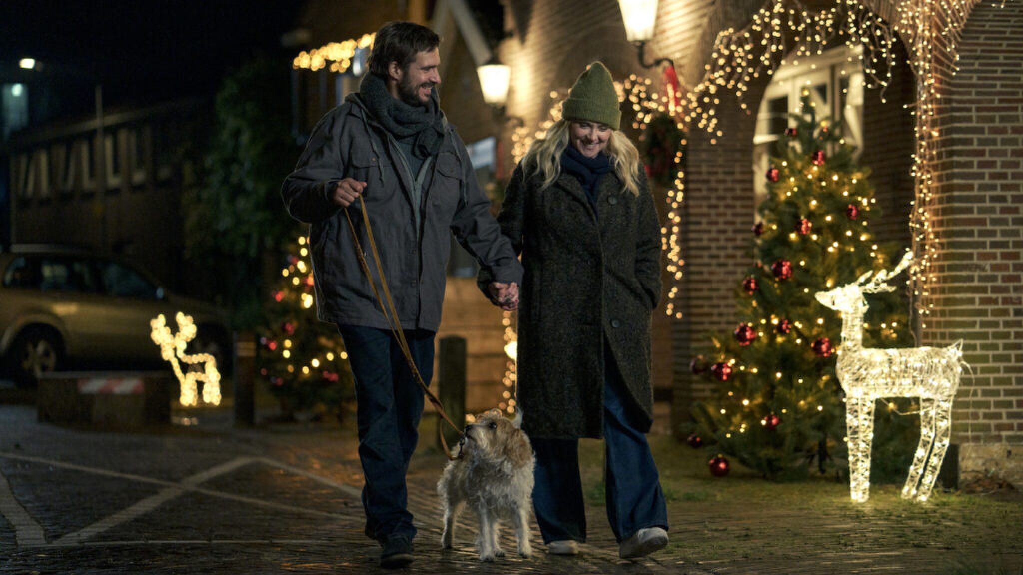 Een man en vrouw die hand in hand lopen terwijl ze de hond uitlaten in de avond. 