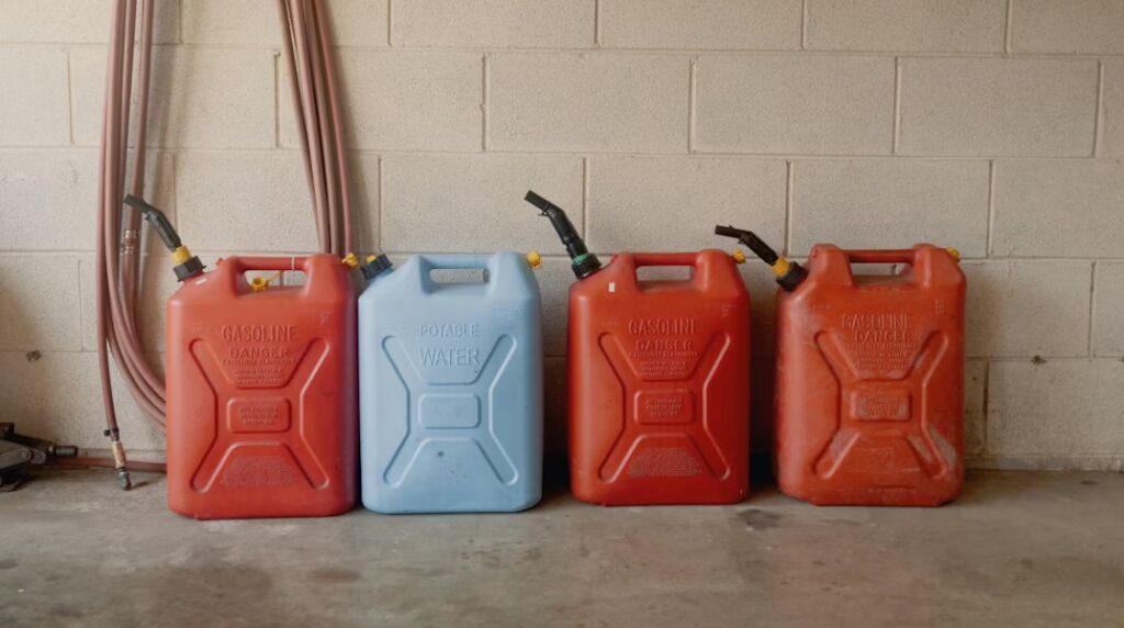 Vier gekleurde jerrycans op een rijtje voor een muur