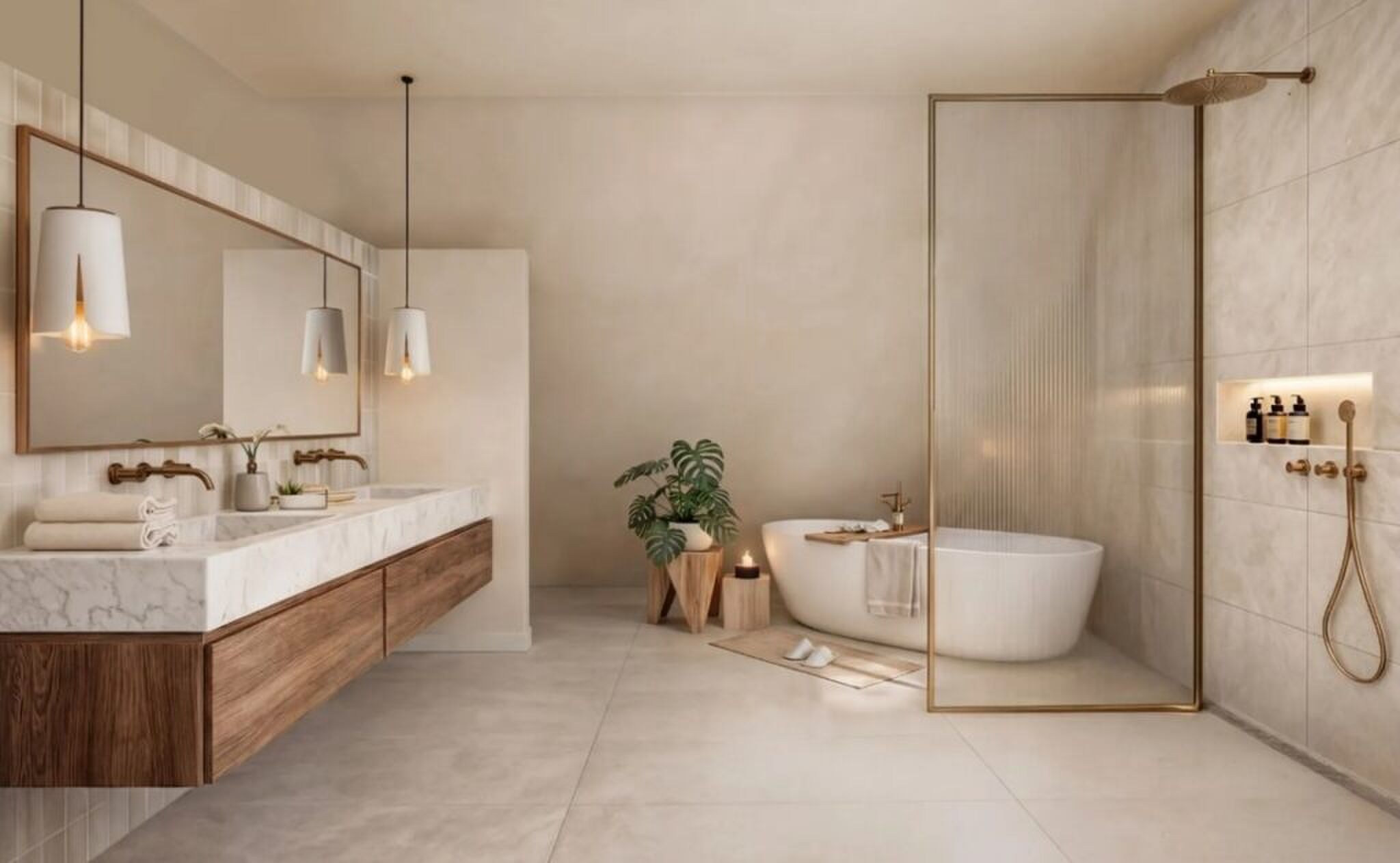 Een luxe badkamer met ligbad.