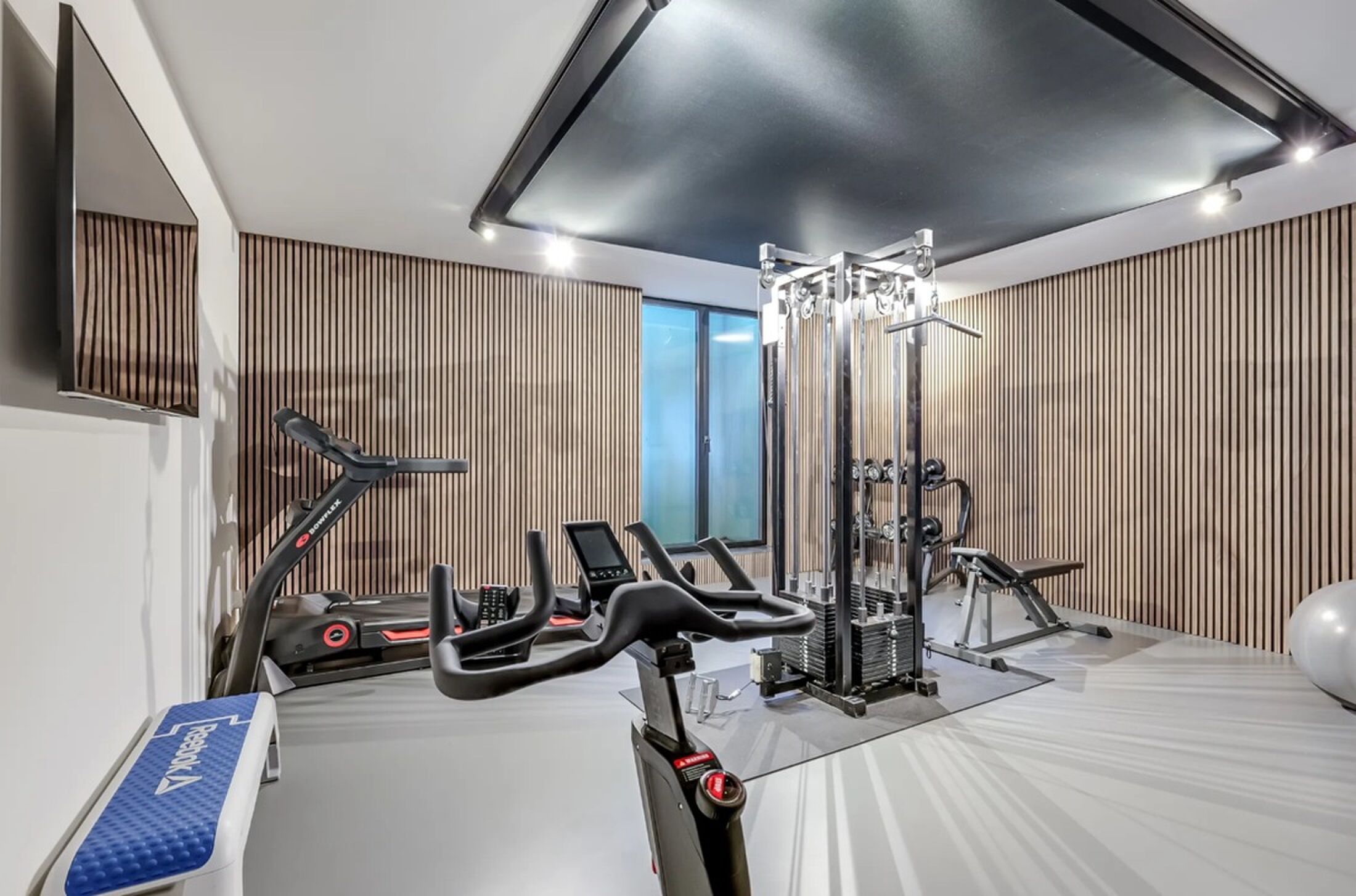 De fitnessruimte in het vrijstaande pand.