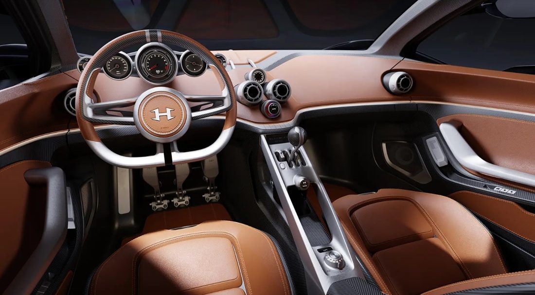 Het interieur van de sportwagen.