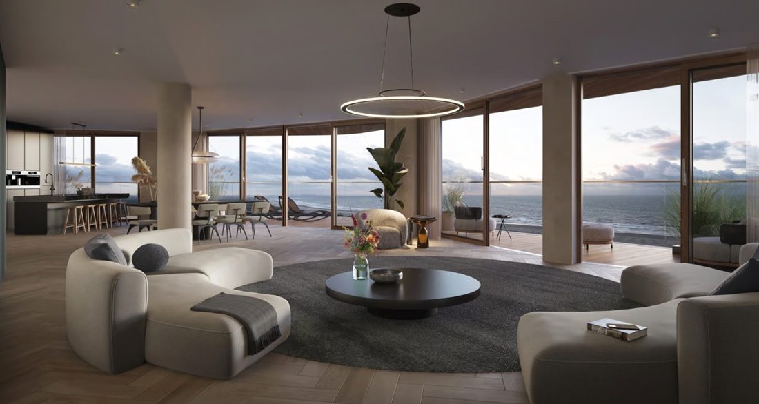 De living van het penthouse op Funda.