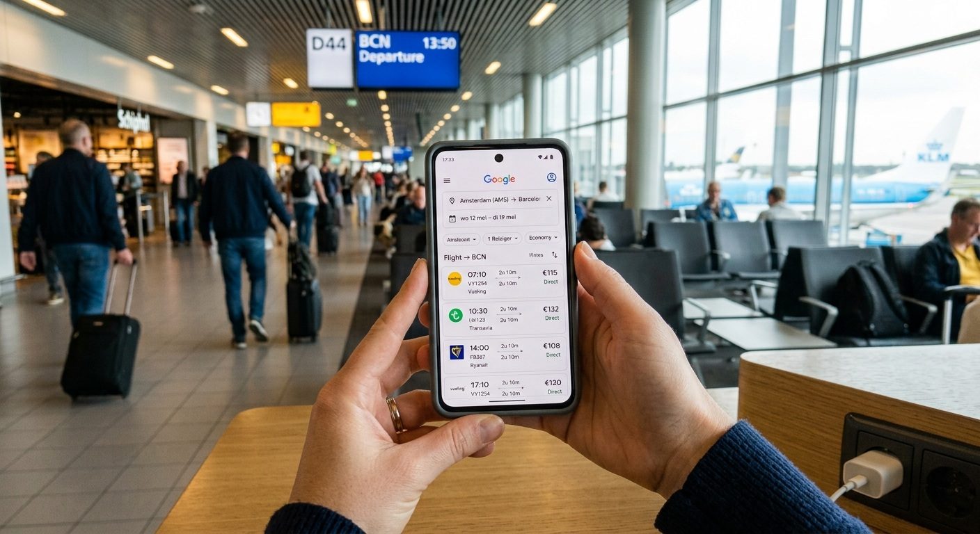 Een smartphone waarop een steeds duurder vliegticket te zien is.