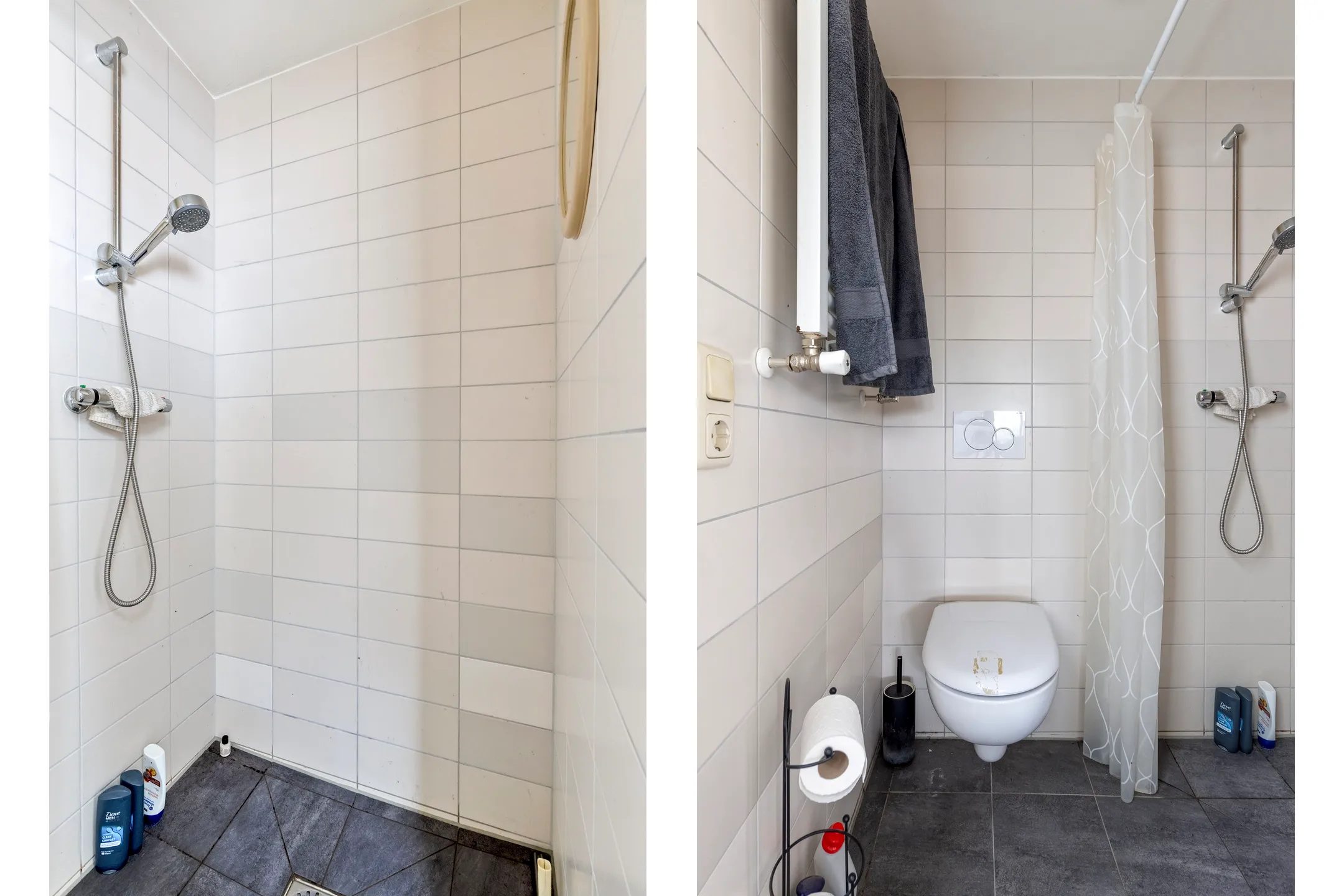 Een badkamer met douche en toilet.