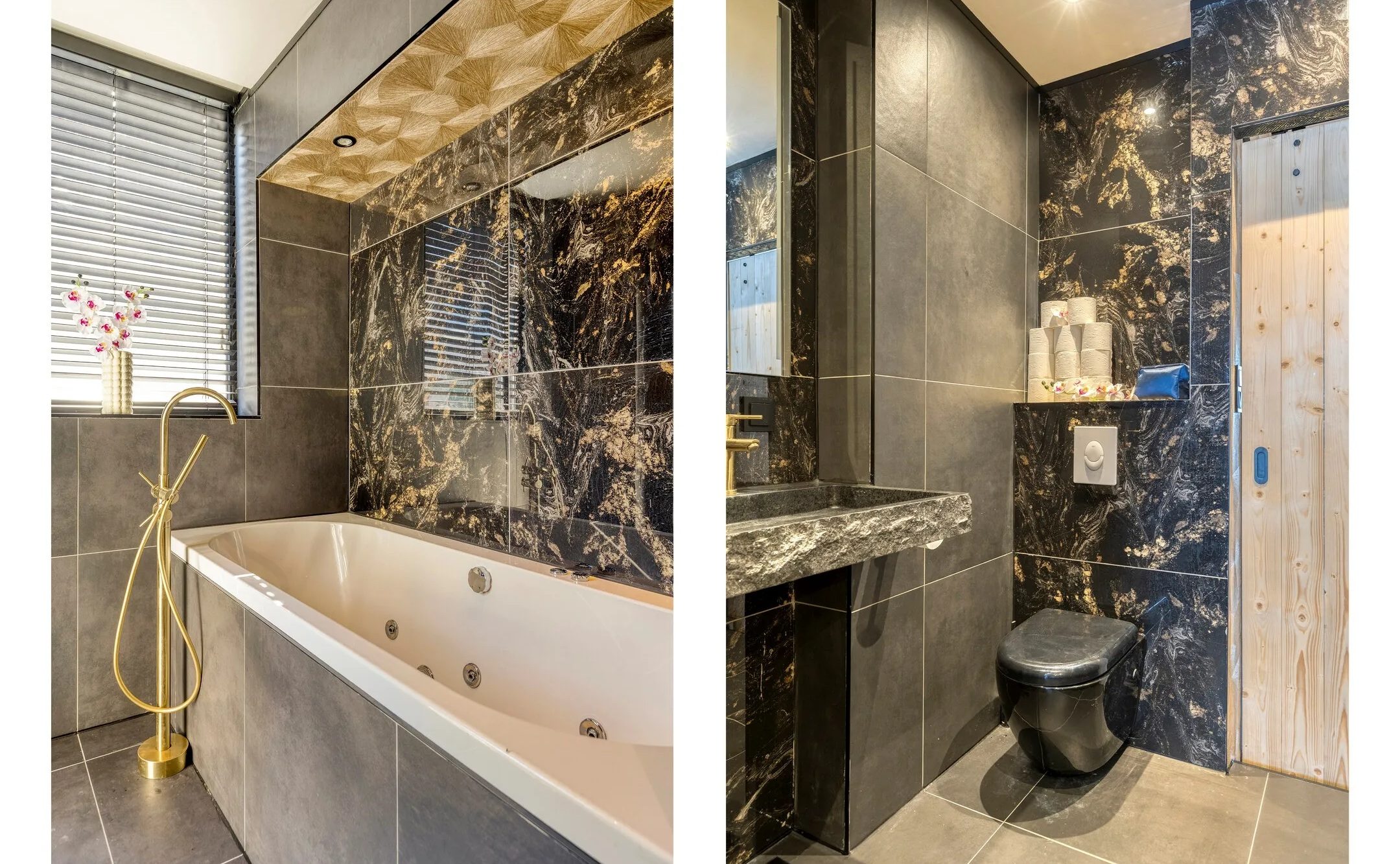 De badkamer met ligbad.