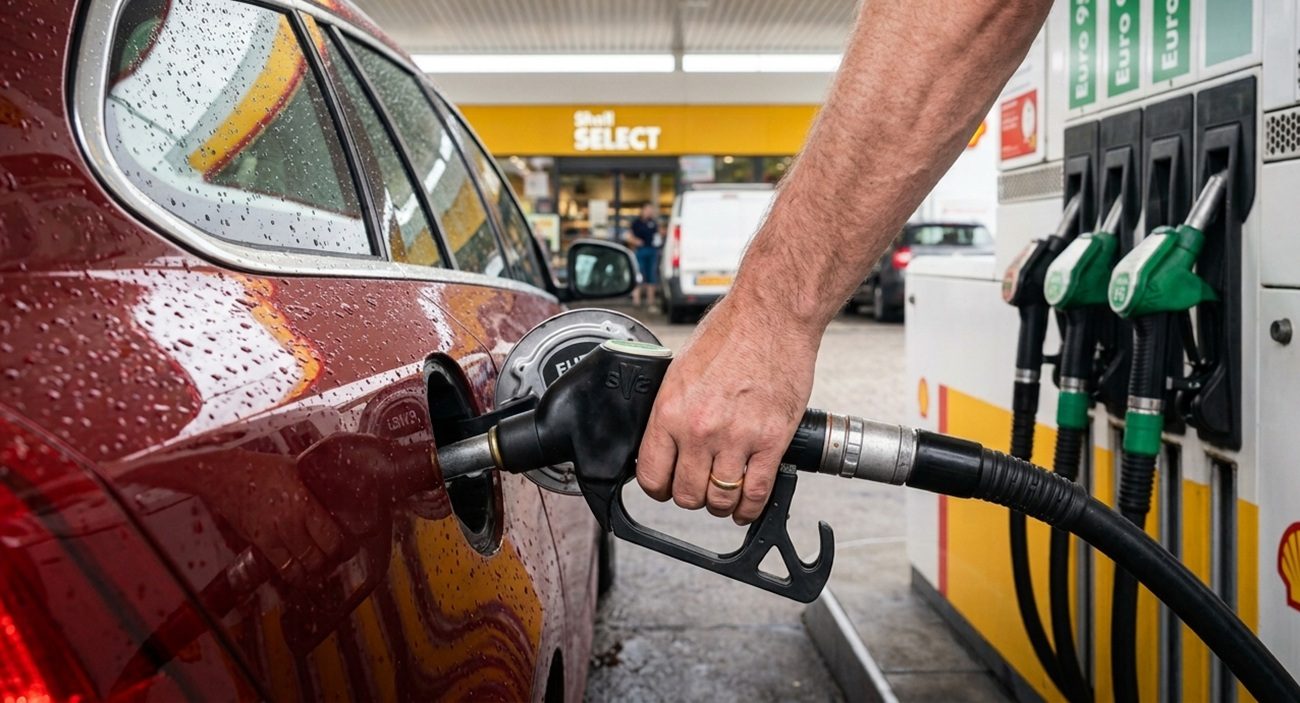 Iemand die benzine aan het tanken is in een rode auto.