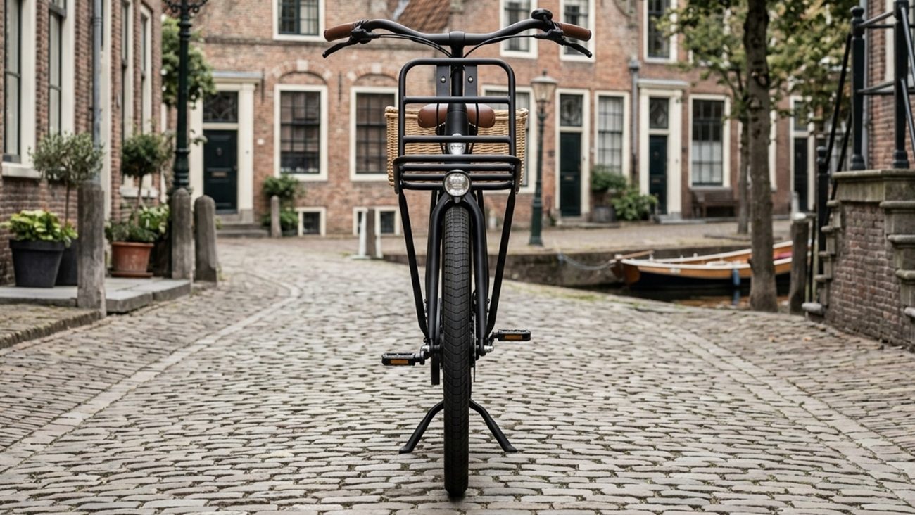 De voorzijde van een e-bike met een riemaandrijving.