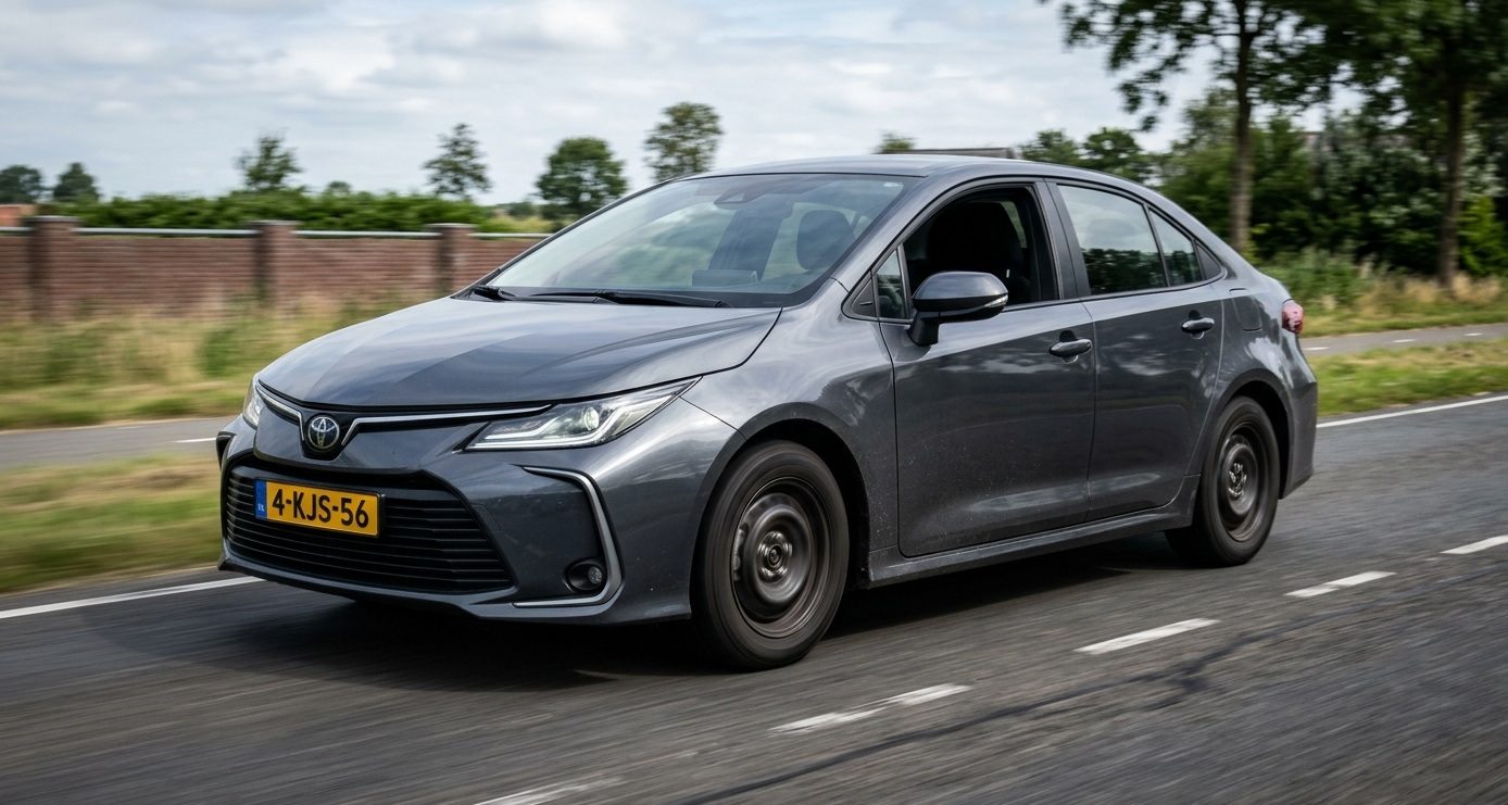 Een rijdende auto op Nederlands kenteken.
