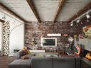 woonkamer met bakstenen muur
