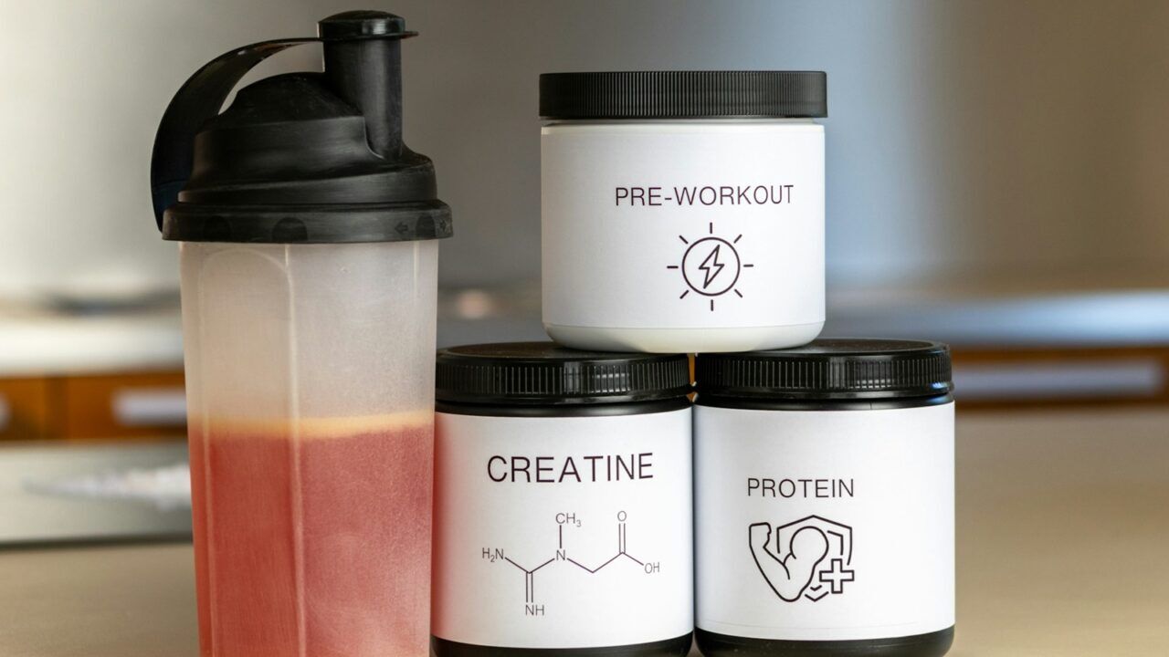 Een shakebeker en potten pre-workout, creatine en proteïnepoeder