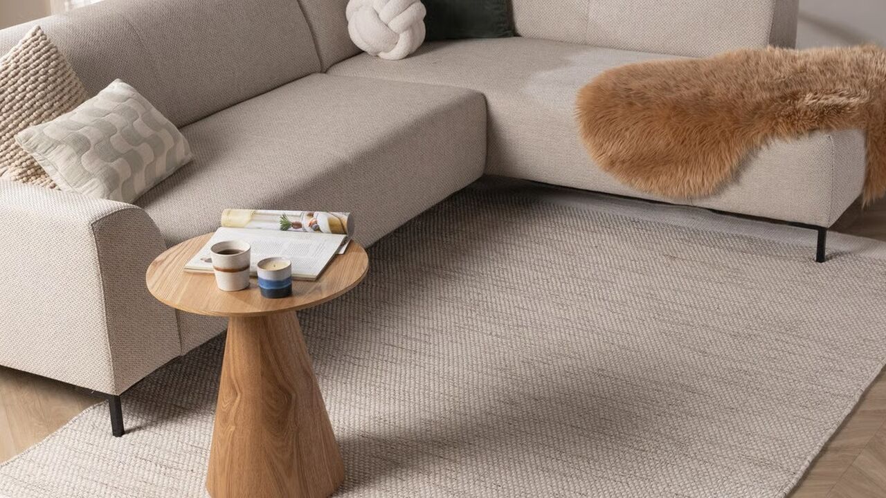 Een beige vloerkleed in het interieur van een woonkamer