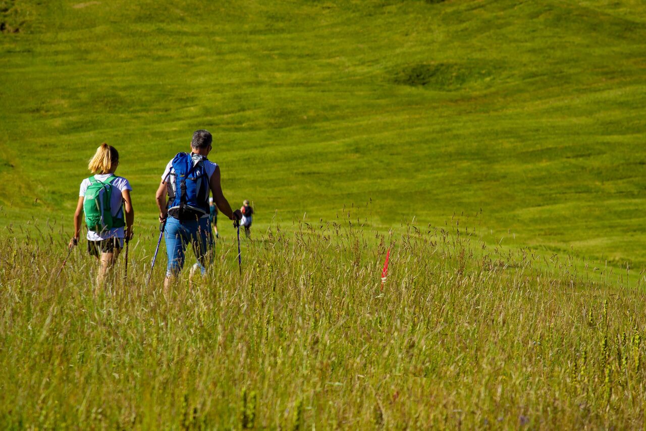 Twee mensen die wandelen door het gras.