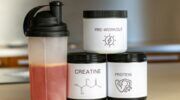 Een shakebeker en potten pre-workout, creatine en proteïnepoeder