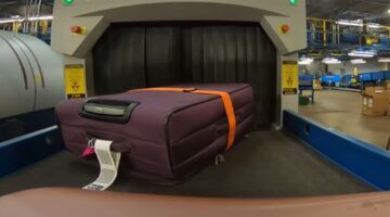 Een koffer op de loopband