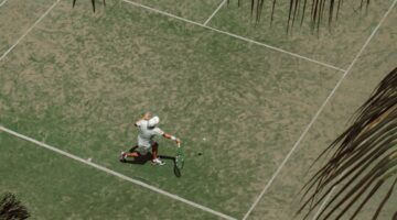 Iemand die aan het tennissen is op het gras van Wimbledon en hopelijk niet zijn racket kapotgooit
