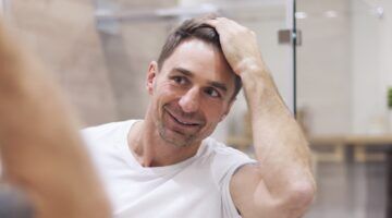 Man die zijn beschadigde haren bekijkt in de spiegel
