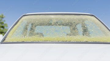 Een auto met een voorruit die onder de pollen zit