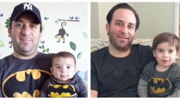 Vader en zoon poseren voor een Batman foto